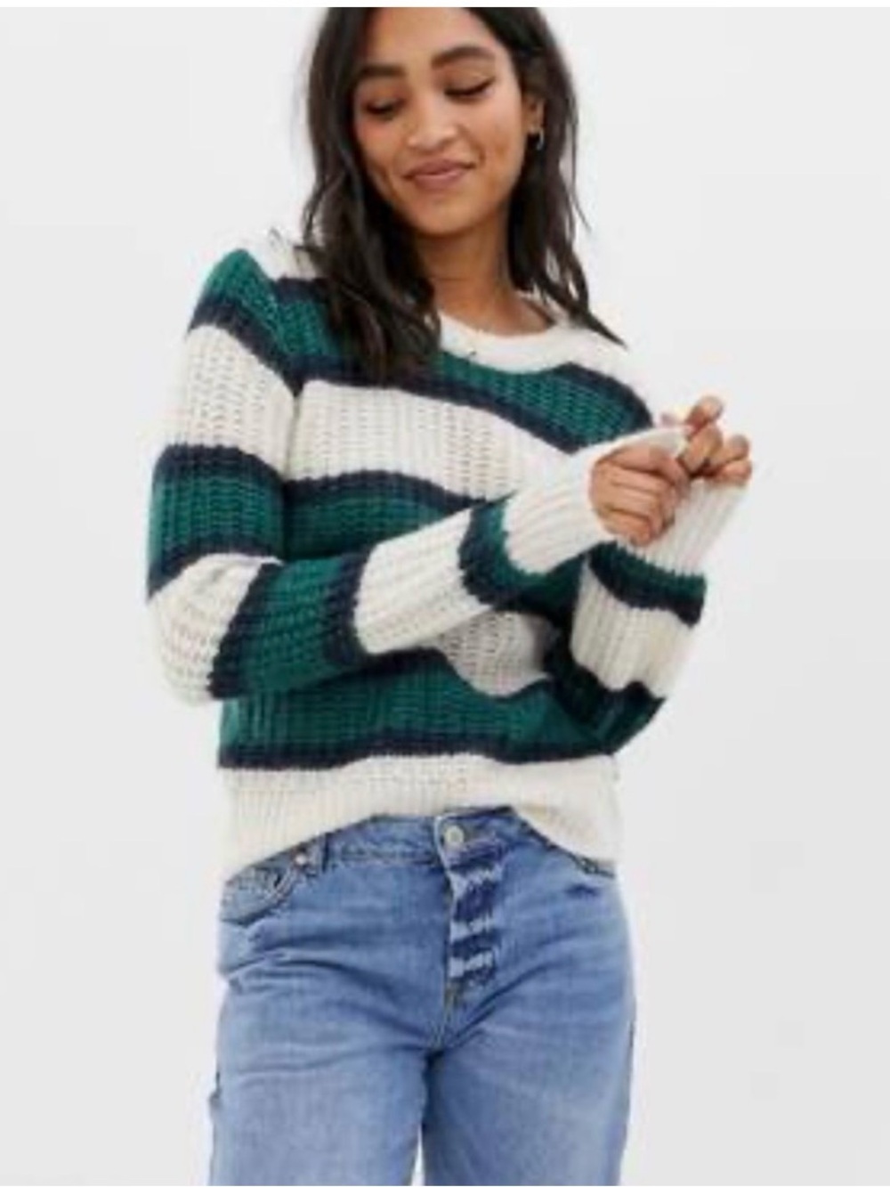 A&F Cozy Striped Collegiate Crewneck Knit Sweater in Cream and Green